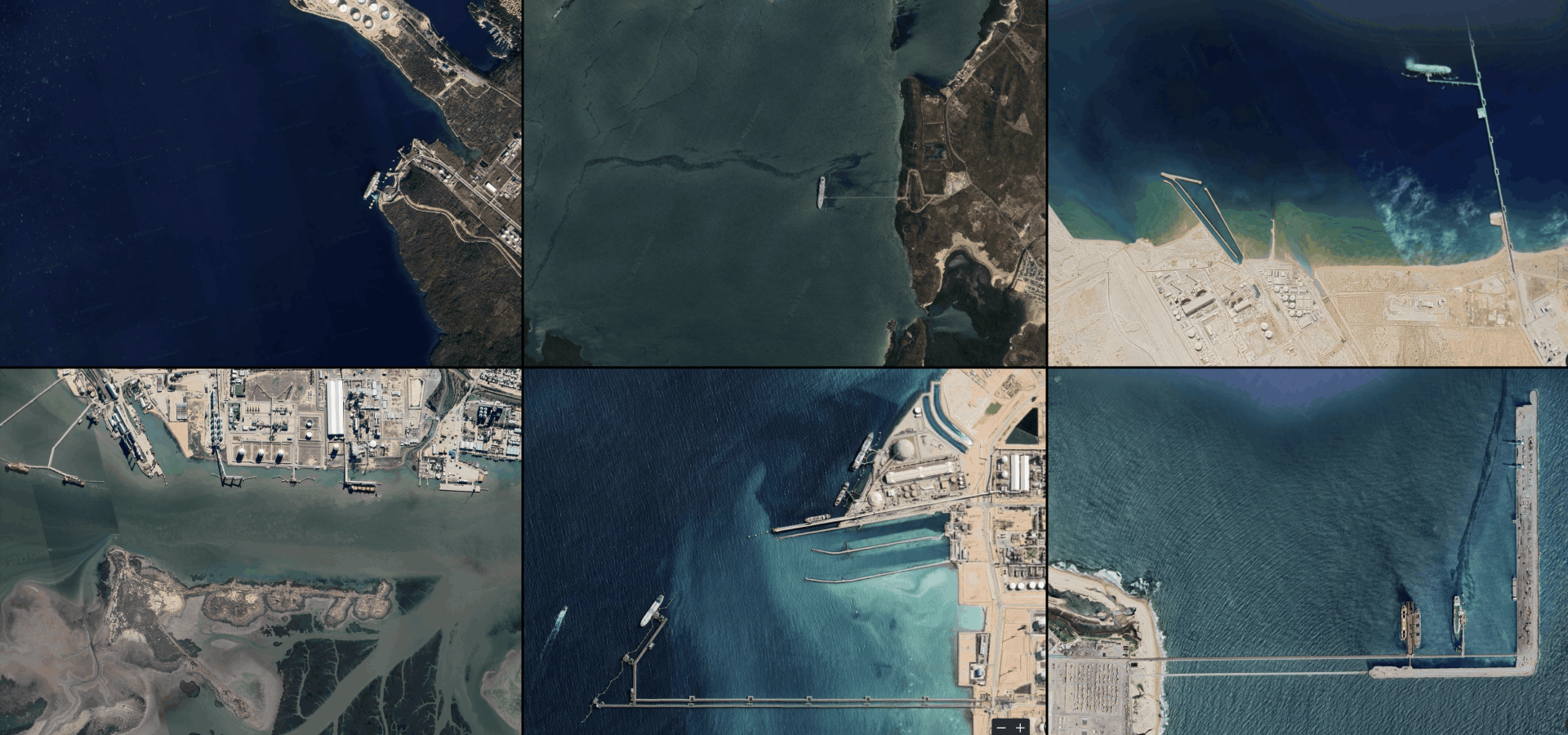 Vue satellite de six navires méthaniers flottants amarrés à des quais situés en mer libre / Images : Google Earth